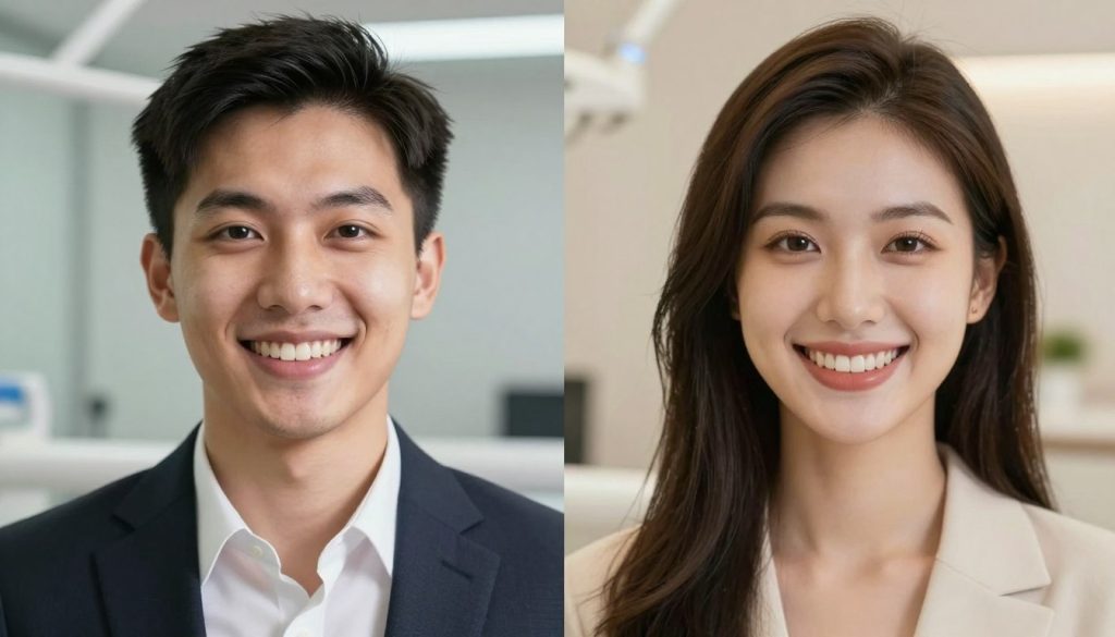 A before-and-after comparison of a smiling person showcasing a stunning cosmetic dentistry transformation. In the foreground, the "before" image depicts the subject with slightly crooked teeth and a neutral expression, dressed in professional business attire. In contrast, the "after" image shows the same individual beaming with a perfect, bright smile, highlighting the dental work, wearing elegant yet modest casual clothing. The background features a soft-focus dental clinic setting with calming colors, emphasizing a clean and welcoming atmosphere. Warm, natural lighting casts a gentle glow on the subject's face, enhancing the inviting mood. A close-up angle captures the transformation beautifully, allowing viewers to appreciate the dramatic difference in dental aesthetics while maintaining a professional tone throughout.