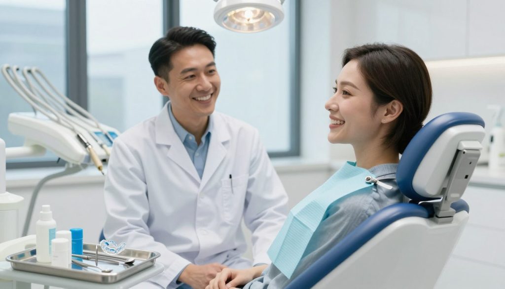 A bright and inviting dental clinic interior, featuring a professional dentist in a crisp white coat, consulting with a patient seated in a modern dental chair. The patient has a warm smile, showcasing a brilliant set of perfectly aligned teeth that radiate confidence. In the foreground, a tray filled with dental tools and cosmetic products like whitening gel and aligners gleams under soft, diffused lighting. The middle background shows stylish dental equipment and a large window letting in natural light, creating an uplifting atmosphere. The color palette is calming, with pastel blues and whites. The mood is professional yet welcoming, emphasizing the transformative nature of cosmetic dentistry for achieving a perfect smile.