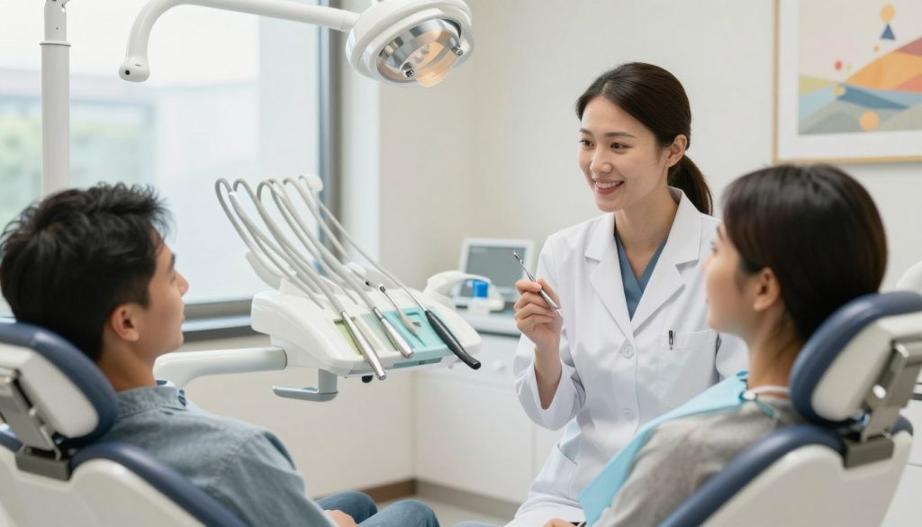 A bright and inviting dental office setting, showcasing a modern cosmetic dental treatment area. In the foreground, a friendly female dentist in professional business attire is consulting with a patient, who is seated in a comfortable dental chair, expressing curiosity and a sense of ease. In the middle, various cosmetic dental tools and bright dental equipment are neatly arranged on a tray, highlighting the professional environment. In the background, a large window lets in soft, natural light, enhancing the atmosphere with warmth and serenity. The walls are adorned with calming artwork, creating a welcoming mood. The focus is on professionalism and care, capturing the essence of choosing the right cosmetic dental procedure.