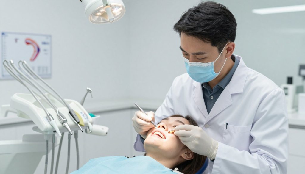 A bright and modern dental office, featuring a professional dentist in a white lab coat and a patient seated in a dental chair. The dentist gently applies a tooth-colored composite resin to a crooked front tooth, showcasing the dental bonding procedure. The scene is well-lit with soft overhead lights, creating a clean and inviting atmosphere. In the background, dental tools are neatly organized on a counter and a colorful dental chart is visible. The focus is on the precise application of the bonding material, emphasizing the dentist's skillful technique. The image should be captured from a slight angle, highlighting both the dentist's concentration and the patient’s hopeful expression. The overall mood is one of professionalism and comfort, conveying the sense of care and expertise in cosmetic dentistry.