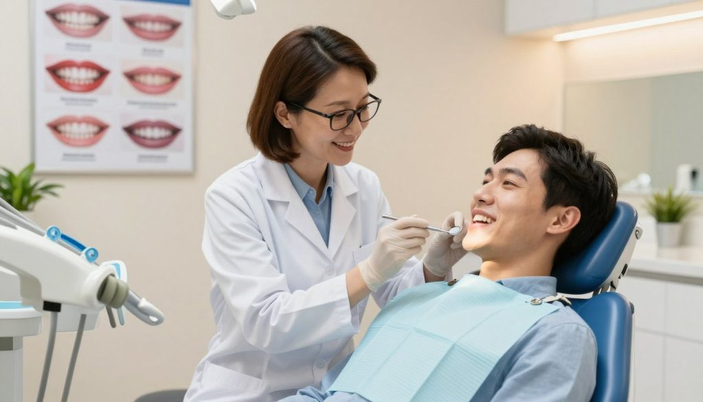 A bright, modern dental office featuring a professional dentist in a clean, white lab coat, examining a patient’s mouth with a dental mirror. The dentist is a middle-aged female with short brown hair, wearing glasses, while the patient, a young adult male in a light blue shirt, sits comfortably in a dental chair, looking relaxed. In the background, a large dental poster displays various cosmetic dentistry solutions, such as porcelain veneers and Invisalign. Warm, soft lighting creates a welcoming atmosphere, enhancing the cheerful decor with light-colored walls and green plants. The scene captures the contemporary and friendly vibe of cosmetic dentistry, emphasizing the importance of choosing the right solution for achieving a straighter smile.