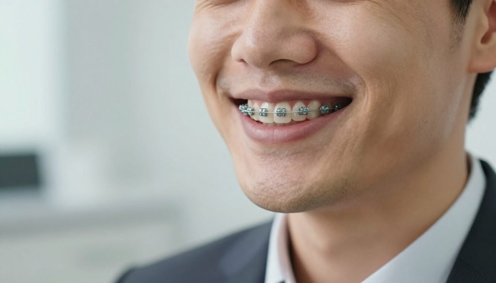 A close-up image of a modern adult smiling, showcasing their teeth with clear invisible braces firmly in place. The individual is dressed in professional business attire, reflecting confidence and satisfaction. Set against a soft-focus background of a dental office, softly lit with natural light to create a warm, welcoming atmosphere. The focus is on the braces, highlighting their discreet appearance, with a shallow depth of field to emphasize the smile. The background should feature gentle, muted colors, enhancing the professional vibe, while suggesting a clean, hygienic environment. The angle should provide a clear view of the braces, capturing their transparency and modern design, inviting viewers to appreciate the benefits of this orthodontic solution.