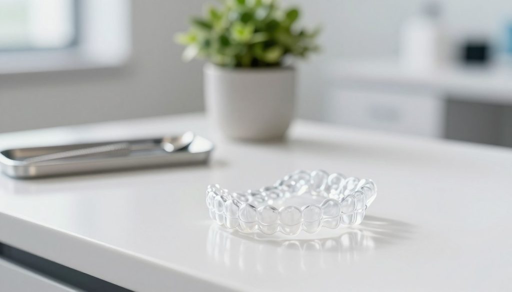 A close-up view of a pair of clear aligners positioned on a sleek and modern dental surface, such as a polished white countertop. In the foreground, the aligners gleam softly under natural lighting, showcasing their transparency and precise fit. In the middle ground, a dental tool kit is subtly arranged, adding context to the setting, while a plant with lush green leaves in a stylish pot provides a refreshing touch. The background is blurred, featuring a clean and contemporary dental office with bright, soft lighting that emphasizes a calm and professional atmosphere. The overall mood conveys confidence and clarity, ideal for conveying the benefits of using clear aligners for straightening teeth.