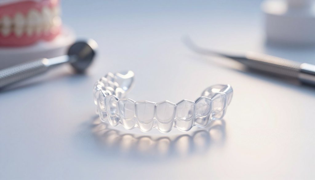 A close-up view of a premium set of clear teeth aligners displayed on a sleek, reflective surface. The aligners are placed elegantly against a gentle gradient background, showcasing their translucent quality and modern design. In the foreground, a light source casts a soft highlight on the aligners, creating a clean and polished look. Subtle reflections can be seen in the surface, enhancing the allure of the product. The mood is fresh and professional, evoking a sense of innovation in dental care. In the background, slightly blurred dental tools and a hint of dental office décor convey a clinical yet inviting atmosphere, emphasizing the aligners' role in the clear aligner treatment process. The scene is captured with a shallow depth of field, bringing the focus entirely on the aligners.