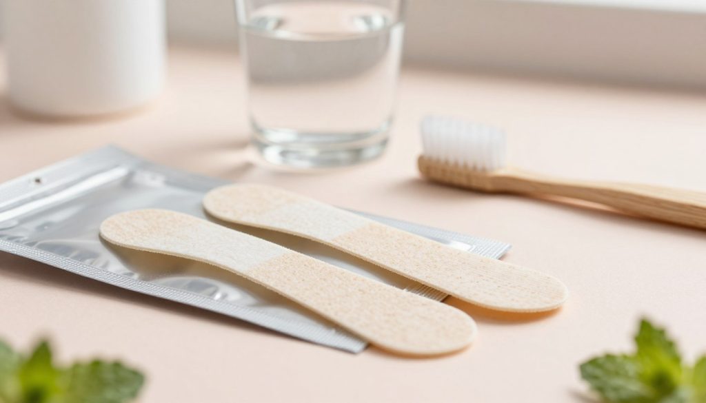 A close-up view of a set of sensitive teeth whitening strips, neatly arranged on a soft, pastel-colored background. The foreground features a sleek, clear package showcasing the strips, with the strips slightly unfurled to highlight their texture. In the middle, include a small glass of water and a toothbrush with soft bristles to imply use. The background is softly blurred, hinting at a bathroom countertop with gentle daylight streaming in, creating a fresh and clean atmosphere. Emphasize a sense of safety and care in oral hygiene by incorporating subtle hints of mint leaves or aloe vera nearby. The overall mood is inviting and reassuring, suggesting a gentle solution for sensitive teeth whitening.