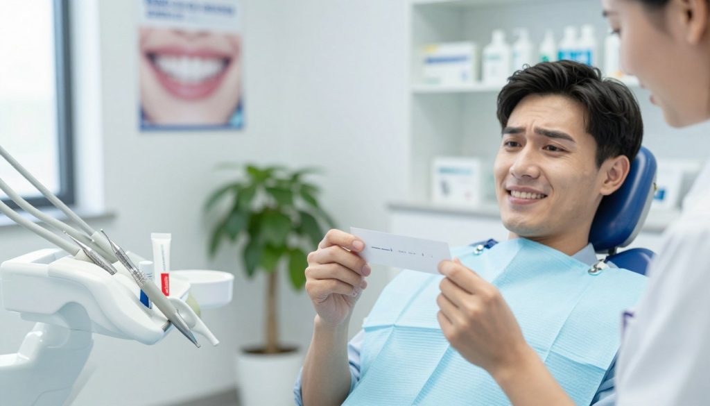 A dentist's office with a focus on dental care, featuring a close-up of a smiling patient in a dental chair, dressed in a light blue patient gown. The patient is holding a small chart assessing their sensitivity level, with expressions of curiosity and apprehension. In the foreground, there's a well-organized dental tool tray, including whitening products and sensitivity gel tubes. The middle ground showcases a bright, sterile environment with dental posters and a soft green plant for a calming effect. The background reveals shelves filled with dental care products. Bright, natural lighting coming from a window creates a welcoming atmosphere. The scene should evoke a sense of professionalism, warmth, and reassurance about dental health, emphasizing a gentle approach to teeth whitening for sensitive teeth.