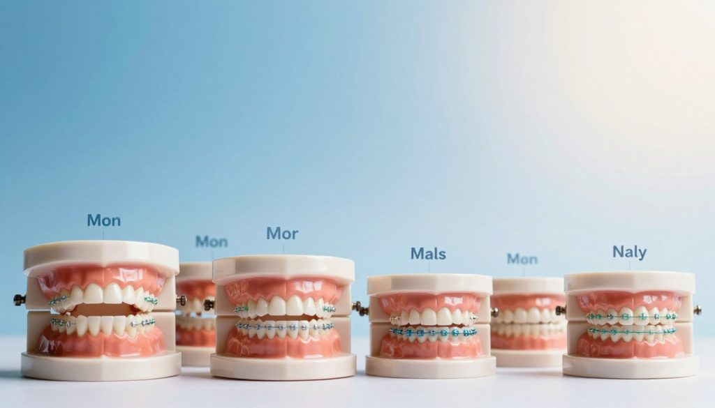 A detailed, visual timeline illustrating the progress of braces over a period of 12 months. In the foreground, a series of dental models showing varying stages of alignment—from crooked teeth in the first month to perfect alignment in the final month. In the middle, a smooth gradient background transitioning from shades of blue to soft white, symbolizing the passage of time. Each model is accompanied by month markers, depicted as subtle icons. Soft, natural lighting enhances the clarity of each dental model, with a slight shadow to add depth. The overall atmosphere is educational and encouraging, inviting viewers to reflect on their orthodontic journey while maintaining a clean, professional aesthetic.