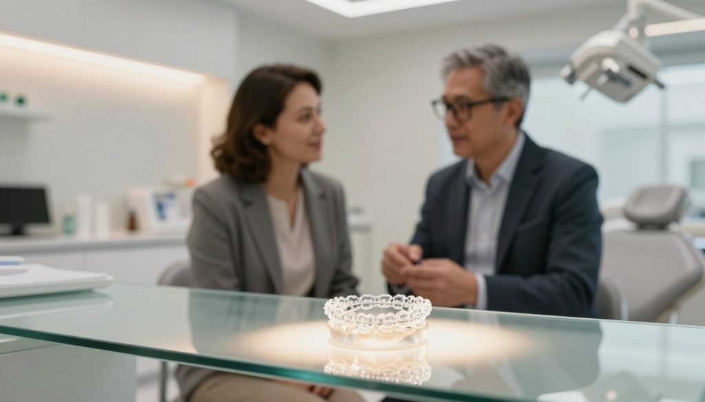A modern dental clinic interior featuring invisible braces for adults prominently displayed on a sleek glass countertop. In the foreground, a representative pair of clear braces resting on a soft, focused spotlight enhances their transparency and innovative design. In the middle ground, a professional orthodontist, dressed in a smart blazer and glasses, is discussing dental options with a middle-aged adult patient who looks intrigued and hopeful. The background shows a clean, inviting dental office with soft lighting and minimalistic decor, creating a calming atmosphere. The image should have a warm, welcoming mood, captured using a shallow depth of field to emphasize the braces and the interaction while maintaining realistic colors and detail. No text or overlays present.