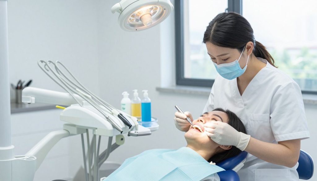 A modern dental clinic interior, showcasing a professional dentist performing cosmetic dental procedures on a patient. In the foreground, a smiling patient sits in a dental chair, wearing a light blue dental bib, while the dentist, dressed in white scrubs and a mask, carefully examines the patient's teeth with high-tech dental tools. The middle ground features a well-organized dental cart with various instruments and teeth whitening materials. The background includes bright, clinical lighting and a large window allowing natural light to illuminate the scene, enhancing the clean and inviting atmosphere. The mood conveys professionalism and care, ideal for showcasing popular cosmetic dental procedures.