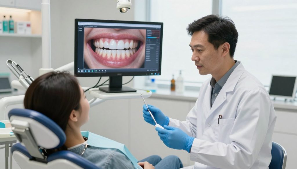 A modern dental clinic setting showcasing cosmetic dentistry procedures for crooked teeth. In the foreground, a professional dentist in a white lab coat and blue gloves stands beside a dental chair, explaining a treatment plan to a patient, who is comfortably seated and wearing a dental bib. The middle layer features dental tools and a large monitor displaying a digital smile makeover software, highlighting before-and-after images of straightened teeth. In the background, a wall of dental products and a bright window with natural light flooding the room creates an inviting atmosphere. Soft, warm lighting enhances the professionalism of the scene, while a shallow depth of field focuses on the dentist and patient interaction, conveying a sense of trust and care.