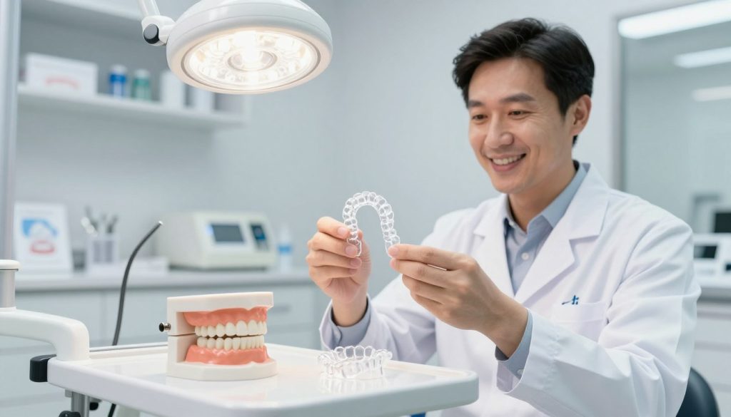 A modern dental office setting featuring a friendly, professional orthodontist in a crisp white lab coat, examining a clear aligner tray under bright, fluorescent lighting. In the foreground, the clear aligners are displayed on a sleek, minimalist dental table, showcasing their transparency and design. In the middle ground, a high-quality dental model with aligned teeth complements the focus on clear aligner therapy. The background reveals shelves with dental tools and promotional materials for clear aligners, enhancing the clinical atmosphere. The overall mood is informative and welcoming, emphasizing professionalism and clarity in dental care. The scene is shot from a slightly elevated angle to provide a comprehensive view of the aligners and the orthodontist's attentive demeanor.