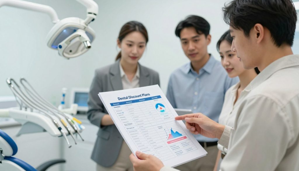 A modern, informative comparison chart featuring various dental discount plans and memberships, prominently displayed in the foreground. Include visual elements like graphs or icons representing cost savings and benefits, with a focus on dental services such as teeth cleaning. In the middle ground, consider a professional, diverse group of individuals in business casual attire thoughtfully analyzing the chart, looking engaged and attentive. The background should be a bright, clean dentist's office setting with dental tools neatly arranged, creating an inviting and trustworthy atmosphere. Use soft, natural lighting to enhance the mood, capturing a sense of clarity and professionalism, with a slightly shallow depth of field to emphasize the comparison chart and the individuals interacting with it.