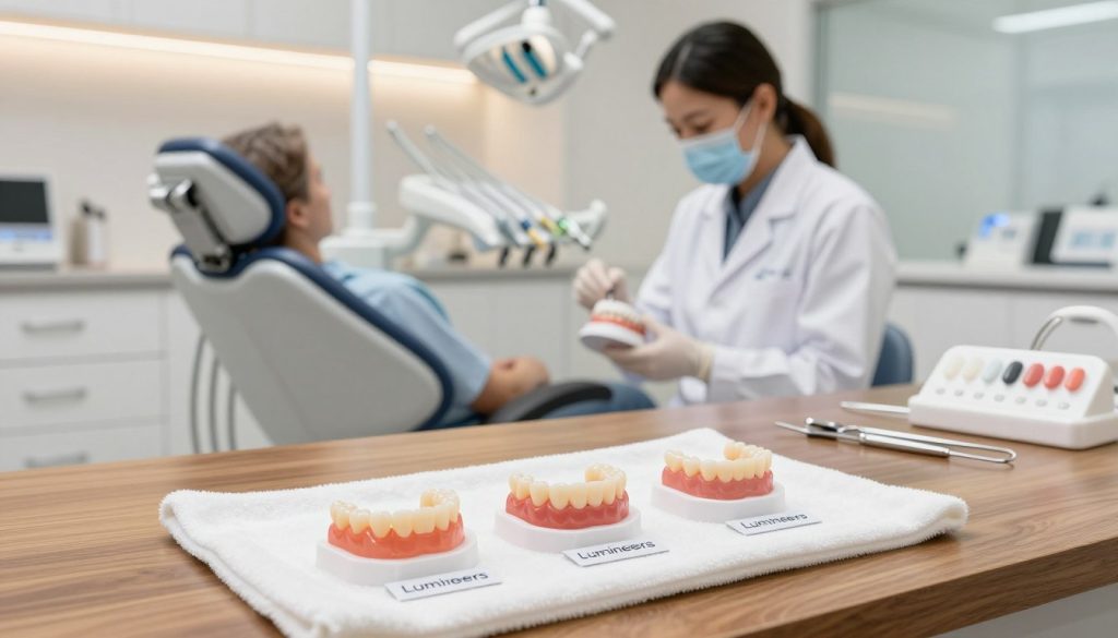 A professional dental office interior, featuring a polished wooden desk with dental tools and veneers samples displayed prominently. In the foreground, a set of three distinct types of dental veneers: porcelain, composite resin, and lumineers are arranged on a white velvet cloth, each with labels indicating their type (not visible in the image). The middle section shows a dental professional in a white lab coat, examining a patient’s dental mold, while in the background, an elegant dental chair and bright, soft LED lighting create a warm, inviting atmosphere. The image is taken from a slight angle to highlight the veneers while keeping the professional environment in focus, conveying trust and expertise in dental care.