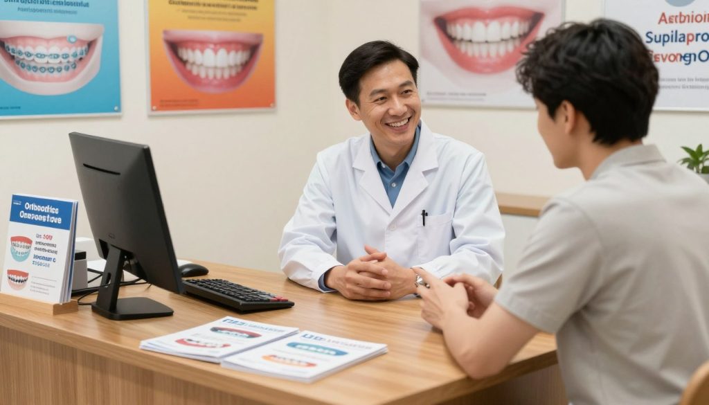 A professional orthodontist's office featuring an inviting atmosphere that highlights orthodontic treatment costs. In the foreground, a polished wooden desk displays brochures about braces and aligners discount offers, with an elegant calculator beside it. In the middle, a smiling orthodontist in professional attire is consulting with a patient, both engaged in conversation, creating a sense of trust and care. The background showcases colorful posters of different braces and aligners, subtly emphasizing affordability and savings. Soft, warm lighting enhances the friendly ambiance, and the image is captured from a slightly elevated angle, giving a comprehensive view of the space. The overall mood conveys optimism and encouragement about making orthodontic treatments accessible.
