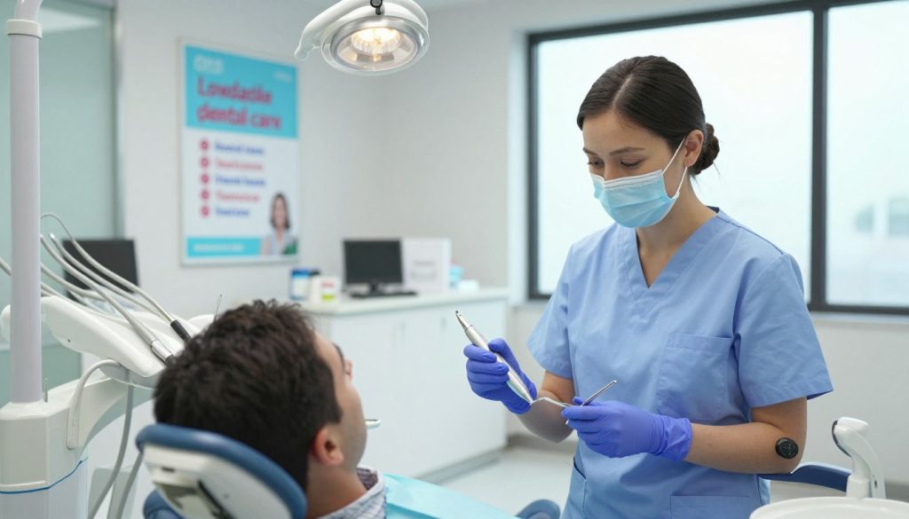 A serene dental clinic environment showcasing affordable dental care alternatives. In the foreground, a friendly dental hygienist in professional attire utilizes modern, high-quality dental tools on a patient in a comfortable dental chair. The middle features a clean, welcoming reception area with posters advertising low-cost dental programs and affordable teeth cleaning options. The background includes soft, diffused lighting illuminating the space, with calming colors like light blue and white contributing to a relaxed atmosphere. A large window allows natural light to flood the area, creating an inviting and reassuring environment. The scene should evoke feelings of trust and accessibility, highlighting the concept of affordable dental care.