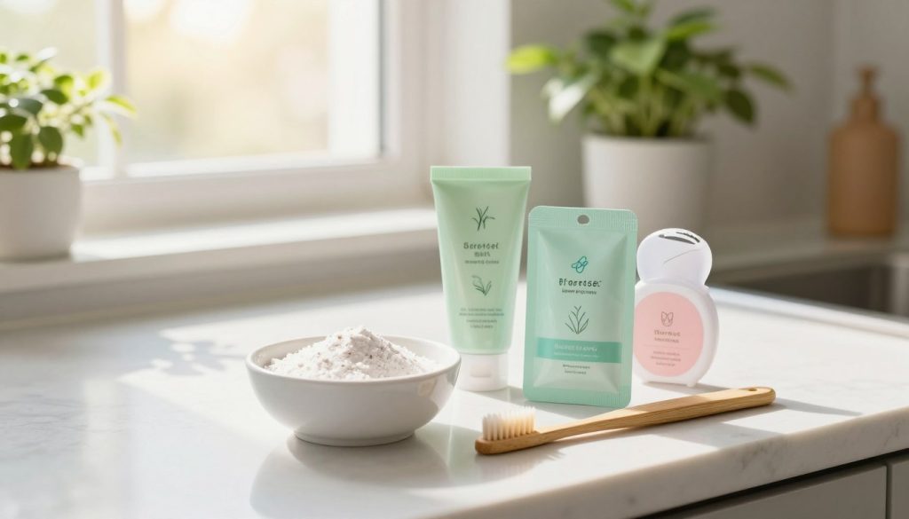 A serene kitchen countertop scene showcasing gentle teeth whitening products suitable for sensitive teeth. In the foreground, a stylish white ceramic bowl filled with natural ingredients like baking soda and coconut oil sits beside a soft bamboo toothbrush. The middle ground features elegant packaging of herbal whitening pastes and biodegradable floss, all designed with soothing pastel colors. In the background, soft sunlight filters through a window, casting a warm glow and highlighting lush green plants that evoke a healthy, natural atmosphere. The composition conveys a sense of calm and wellness, inviting viewers to explore safe and effective whitening options. The image should be bright and airy, shot at a slight angle to create depth and intimacy, using soft focus on the background for a peaceful ambiance.