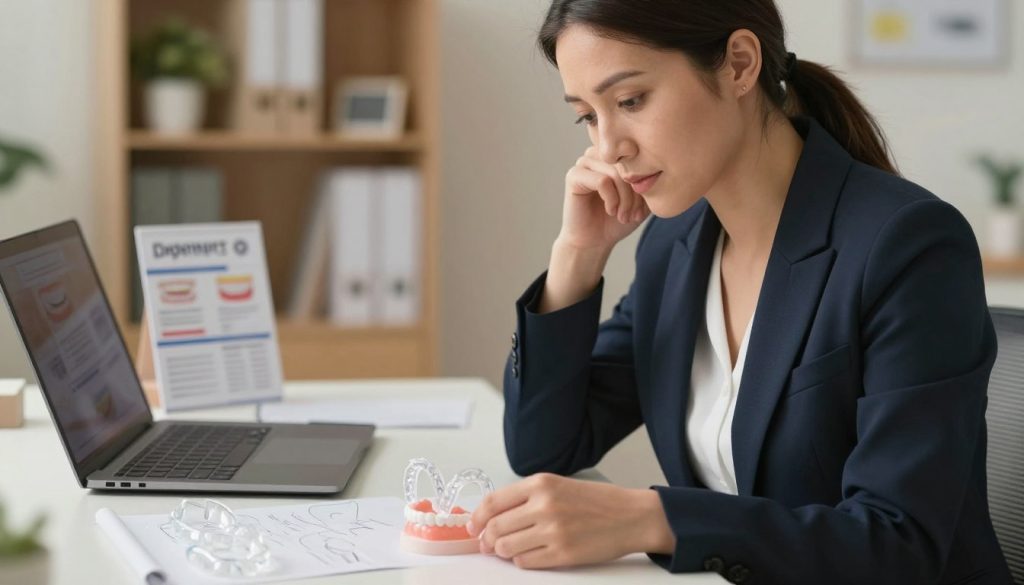A thoughtful adult woman in her 30s, wearing a smart, professional outfit, sits at a desk. She is partially turned toward the viewer, thoughtfully examining a set of clear invisible braces laid out before her. The foreground has a focused view of her hands touching the braces, highlighting their transparency. In the middle ground, a laptop and a dental consultation brochure are visible, symbolizing her research into orthodontic treatment. The background features a softly lit office space with warm colors, promoting a relaxed yet professional atmosphere. The lighting is soft and flattering, casting gentle shadows that emphasize the woman's contemplative expression. The scene conveys a sense of determination and hopefulness as she navigates the challenges of adult orthodontics.
