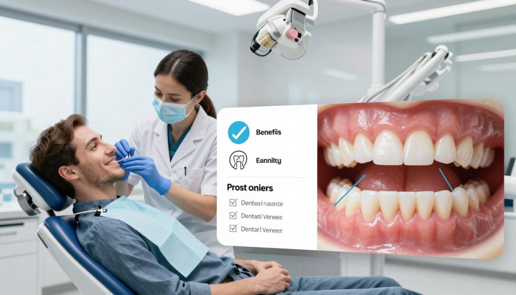 A visually engaging and informative composition illustrating the pros and cons of dental veneers. In the foreground, display a split graphic showing contrasting images: on the left, a smiling patient in a dental chair receiving veneers, with a dentist in professional attire explaining the procedure; on the right, a close-up of natural teeth with labels highlighting common concerns like cost and sensitivity. In the middle, infographics depict benefits, such as aesthetic enhancement and durability, alongside a checklist of potential drawbacks. The background features a modern dental office setting with a clean, bright atmosphere, accentuated by soft, natural lighting that evokes trust and professionalism. Use a wide-angle lens perspective to encompass all elements harmoniously, creating a serious yet approachable mood.