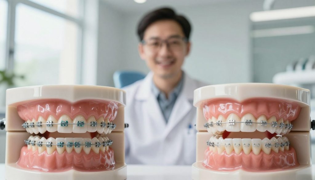A visually engaging comparison image illustrating orthodontic treatment options for adults. Foreground features two sets of teeth, one with traditional metal braces and the other with clear aligners, meticulously detailed to highlight differences. In the middle, a dental professional in professional attire examines both teeth, showing expressions of confidence and expertise. The background includes a modern dental clinic setting, softly lit with natural sunlight streaming through a window, emphasizing a welcoming atmosphere. Use a shallow depth of field to create a focus on the teeth and practitioner, while slightly blurring the background. The overall mood is informative and professional, ideal for a comprehensive comparison of braces and clear aligners.