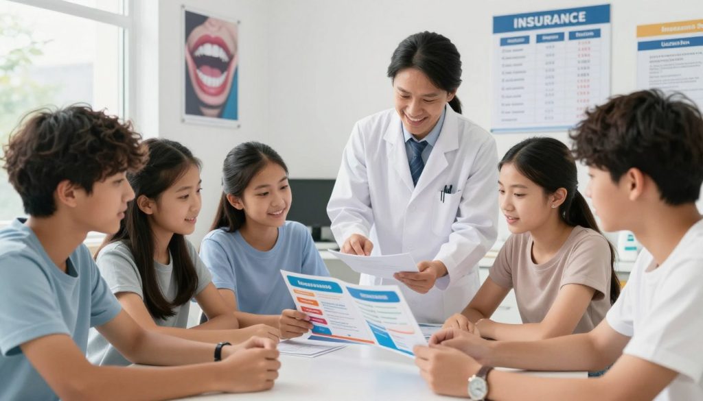 A visually engaging scene depicting the financial aspects of teenage orthodontic treatment. In the foreground, a diverse group of teenagers, each wearing modest casual clothing, sit around a table, examining a colorful brochure about braces. They look intrigued and are discussing payment options. In the middle ground, a parent reviews a document with a friendly orthodontist in a professional, white lab coat, emphasizing collaboration. The background features a bright, welcoming orthodontic office filled with dental posters and a large chart detailing costs and insurance benefits. Soft, natural lighting filters through large windows, creating an inviting atmosphere. The angle is slightly elevated, providing a comprehensive view of the interactions, while maintaining a focus on the discussion about insurance and payment options for braces.