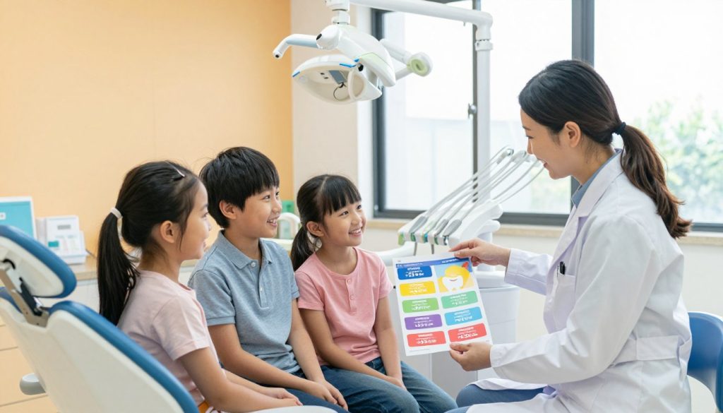 A warm and inviting dental clinic setting, focusing on family-friendly dental care deals. In the foreground, showcase a happy family of four, dressed in modest casual clothing, interacting cheerfully with a friendly dentist in professional attire. The dentist is pointing at colorful flyers displaying various dental discounts. In the middle ground, a clean and modern dental office featuring bright, cheerful colors, with dental equipment subtly arranged. In the background, large windows let in soft, natural light, enhancing the welcoming atmosphere. The mood is positive, emphasizing care and accessibility, with a hint of playfulness, making it relatable for families seeking dental care options. Use a slightly wide-angle lens to capture the scene effectively.