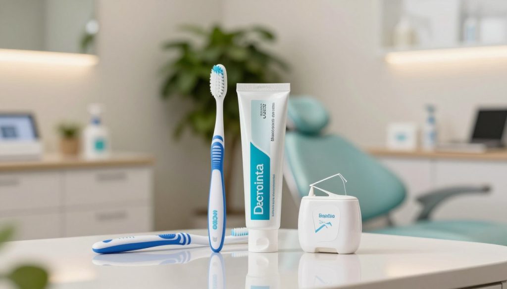 A well-organized dental hygiene package displayed prominently in the foreground, featuring a stylish toothbrush, eco-friendly toothpaste, and a floss dispenser, all arranged on a clean, reflective surface. In the middle ground, a subtle backdrop of a calming dental office with greenery, soft lighting, and sleek furniture, suggesting a fresh and inviting atmosphere. The lighting is soft and warm, creating an inviting feel that emphasizes cleanliness and care. The angle is slightly elevated to provide a comprehensive view of the products while capturing the professional tone of the setting. The overall mood is bright and optimistic, conveying the importance of affordable dental hygiene and encouraging regular teeth cleaning as a valuable investment in health.