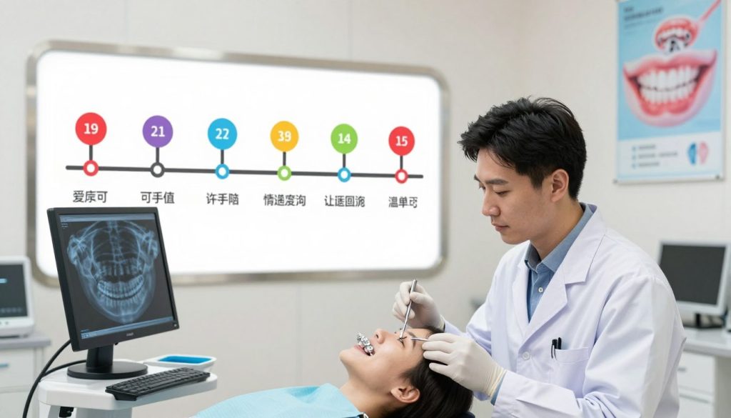 A well-organized dental office scene focused on the journey of braces treatment duration. In the foreground, a focused orthodontist in professional attire examines a patient’s teeth using orthodontic tools and an x-ray display. The middle ground features a large timeline graphic showing typical treatment durations, illustrated with clear markers for various stages, from consultation to removal of braces, all in bright, inviting colors. In the background, soft lighting creates a calming atmosphere, with dental posters about oral care and dental health adorning the walls. The overall mood is informative and encouraging, symbolizing progress and care in orthodontic treatment. The image conveys a sense of professionalism and trust in the orthodontic process while being visually engaging.