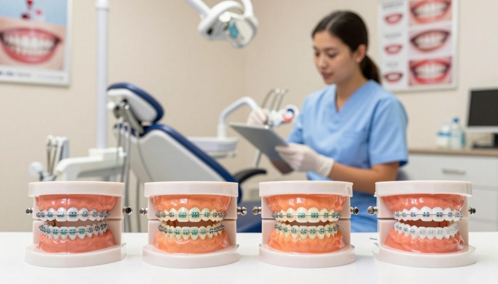 A well-organized display of various types of teen braces in a clinical setting. In the foreground, showcase four distinct types of braces: traditional metal braces, ceramic braces, lingual braces, and clear aligners. Each type should be depicted on a large dental model, clearly highlighting their unique features. In the middle ground, include a dental treatment chair and tools for context, with a compassionate orthodontist in professional attire examining the models. The background should feature an inviting dental clinic with soft, warm lighting and posters of dental health on the walls. Aim for a clean, informative atmosphere that emphasizes professionalism and care, using a standard lens angle that captures the detail and clarity of each type of brace.